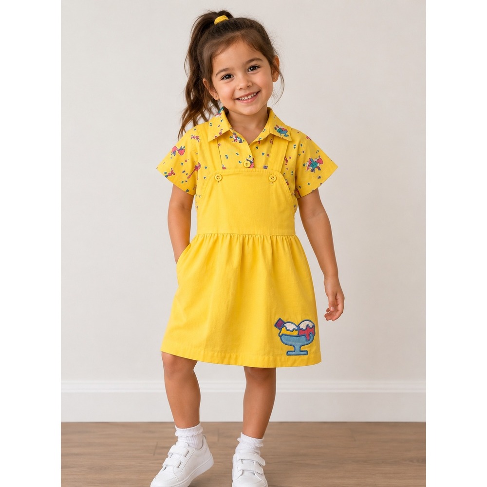 Vintage Healthtex Girls Yellow Ice Cream Overall Dress and Shirt Set Size 5